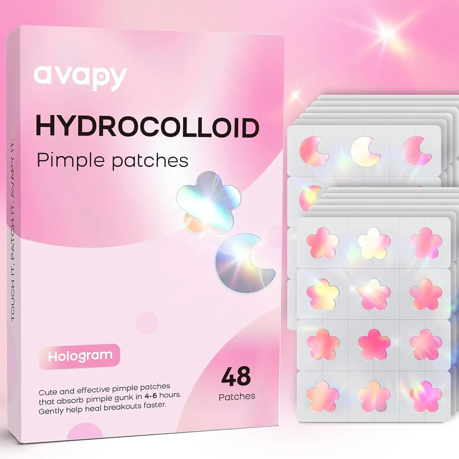 Pimple Patches for Face, Cute Hydrocolloid Acne Patches, Colorful Hologram Flower Sport Stickers, Zits & Blemish, Pimple Patch with Salicylic Acid, Pink Moon Flower 12MM (48 Count)
