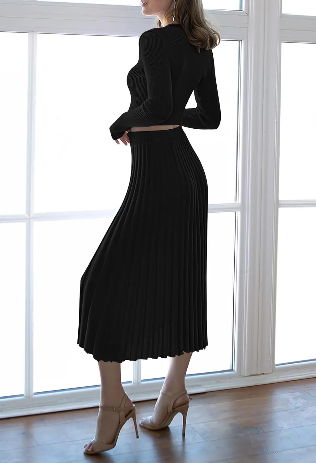 Pink Queen Women's 2 Piece Sweater Outfits Set Long Sleeve Crop Top Ribbed Split Bodycon Midi Long Skirt Knit Dresses