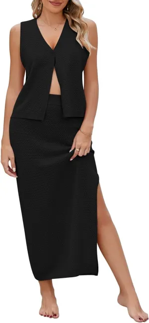 Pink Queen Women's Summer 2 Piece Outfit Set V Neck Button Crop Tank Top Vest Bodycon Maxi Long Skirt Waffle Knit Dress