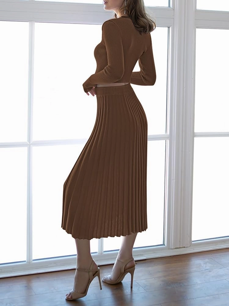 Pink Queen Women's 2 Piece Sweater Outfits Set Long Sleeve Crop Top Ribbed Split Bodycon Midi Long Skirt Knit Dresses