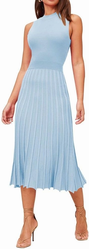 Pink Queen Women's Crew Neck Sleeveless High Waisted Bodycon Pleated Ribbed Swing Knit Midi Dresses