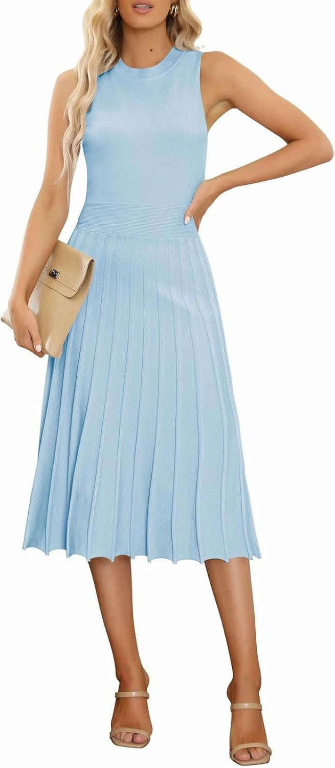 Pink Queen Women's Crew Neck Sleeveless High Waisted Bodycon Pleated Ribbed Swing Knit Midi Dresses