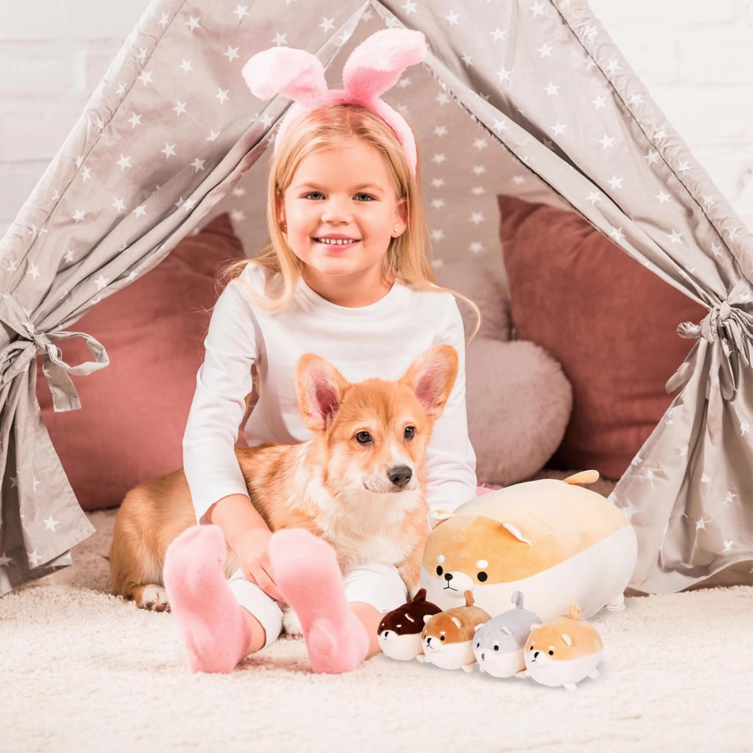 PixieCrush Stuffed Dog Toy - Cute Plushies Shiba Inu Mommy with 4 Puppies - Adorable Plush Pillow for Imaginative Play - Puppy Surprise Soft Animal Toy Set for Girls - Stuffed Animals for Ages 3-8
