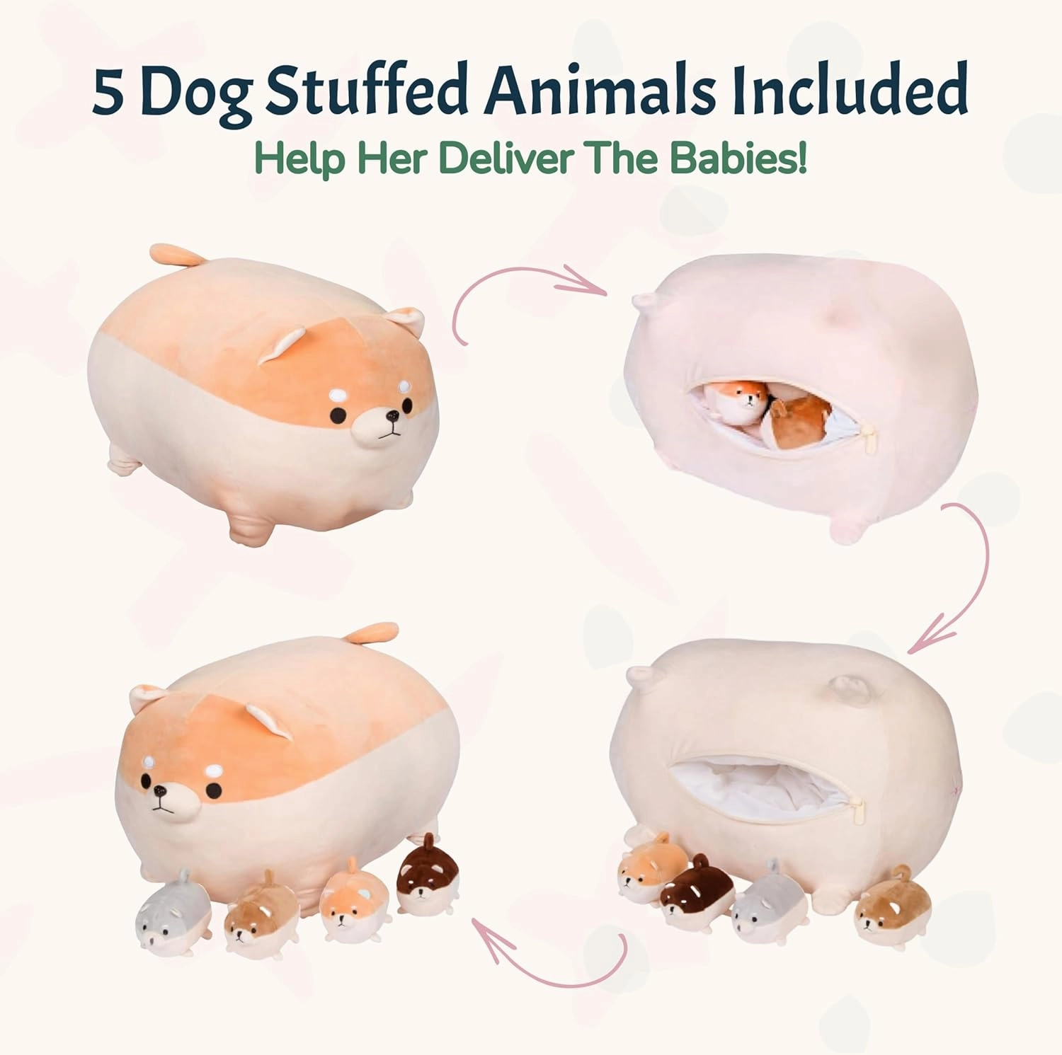PixieCrush Stuffed Dog Toy - Cute Plushies Shiba Inu Mommy with 4 Puppies - Adorable Plush Pillow for Imaginative Play - Puppy Surprise Soft Animal Toy Set for Girls - Stuffed Animals for Ages 3-8