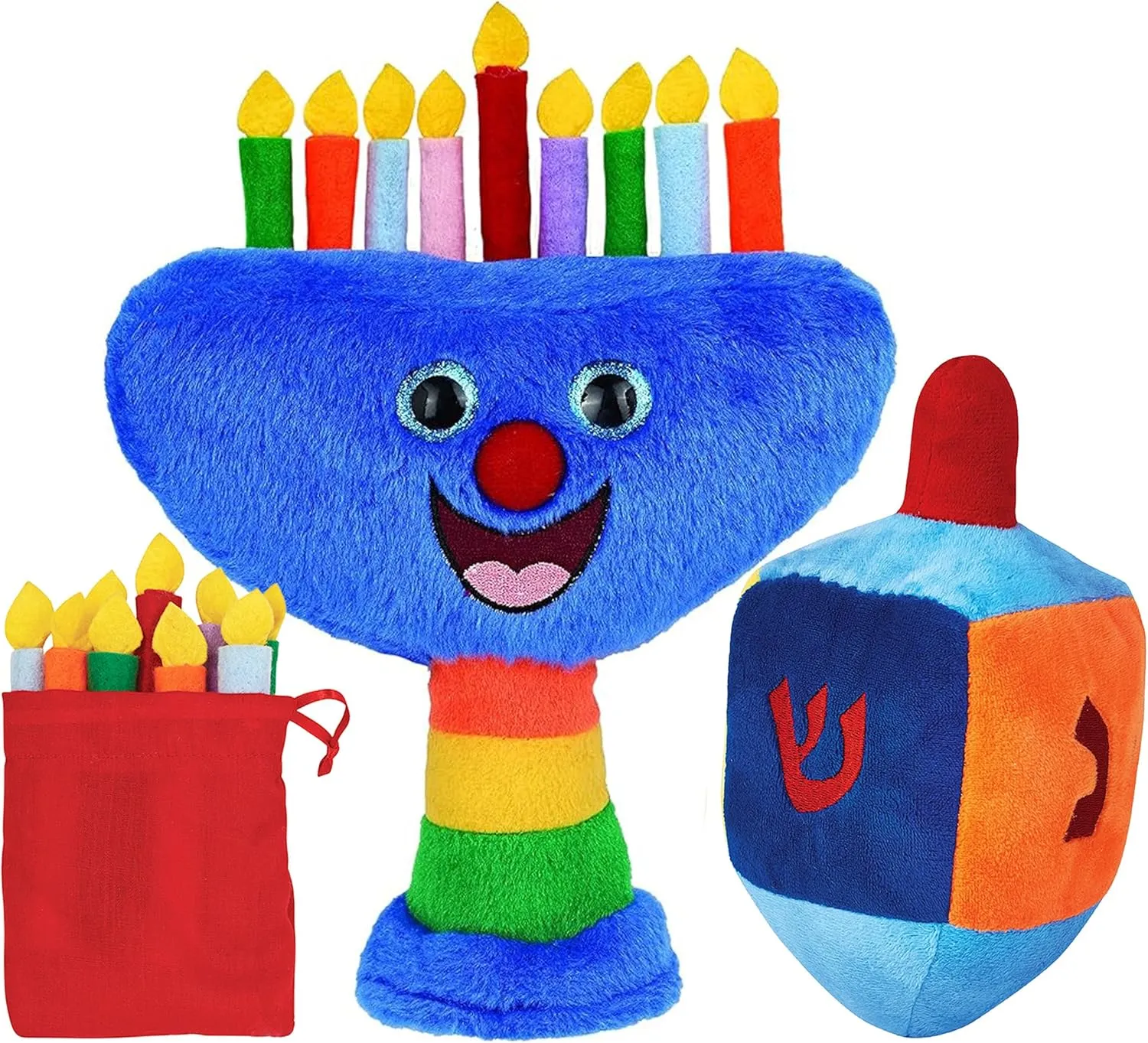 Plush Hanukkah Menorah & Plush Dreidel Toy Musical Menorah Plays 2 Classic Hanukkah Melodies Includes Removable Chanukah Candles & Candle Bag with Rattle Dreidel