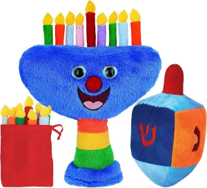 Plush Hanukkah Menorah & Plush Dreidel Toy Musical Menorah Plays 2 Classic Hanukkah Melodies Includes Removable Chanukah Candles & Candle Bag with Rattle Dreidel