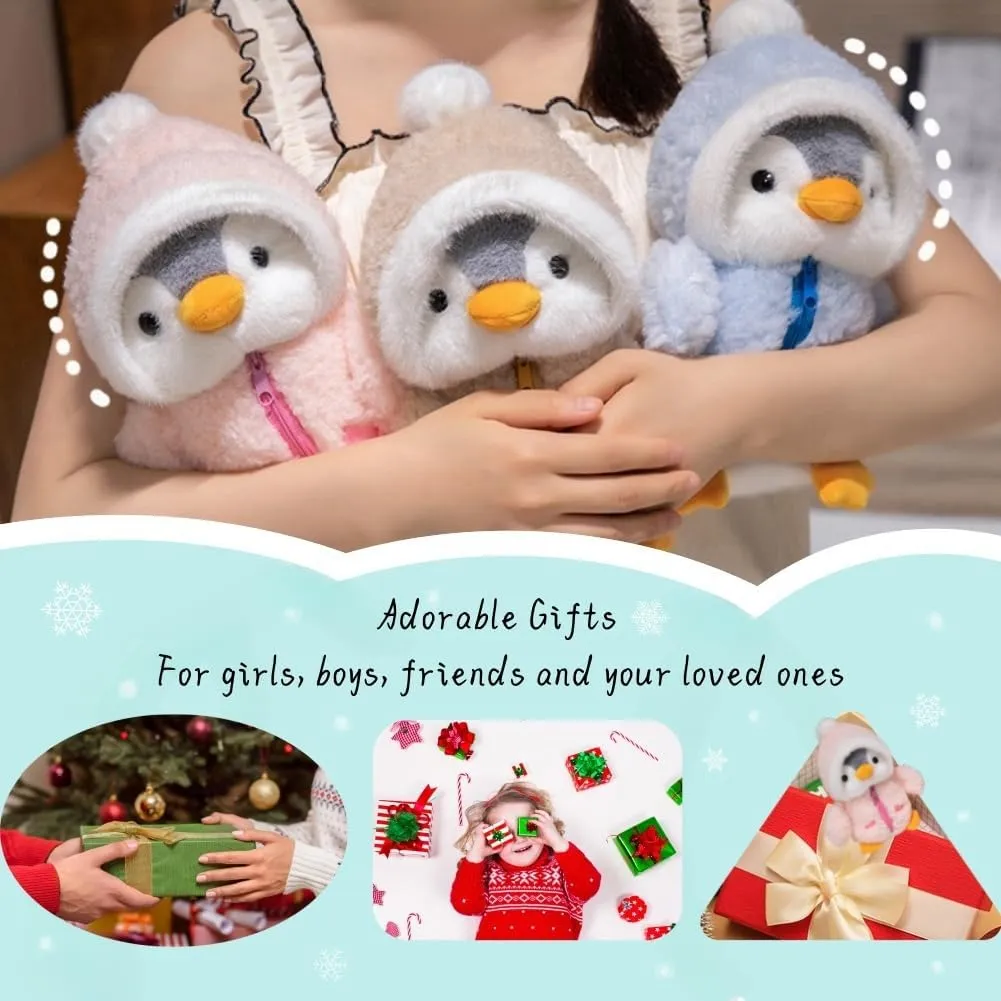 Plush Penguin Stuffed Animal 9.8'' - Cute Penguin Plush Toy with Fuzzy Fleece Jacket and Hat - Pink