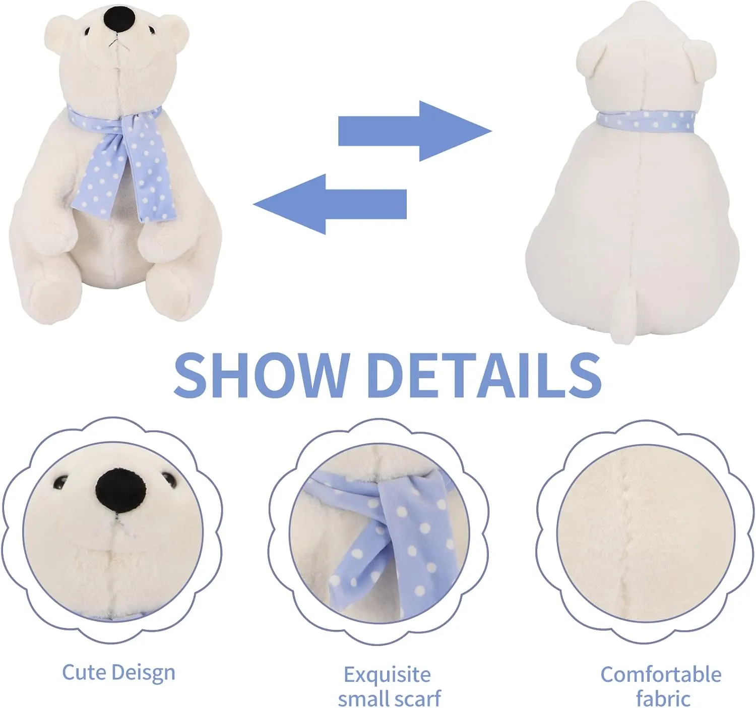 Polar Bear Stuffed Animal Plush, 11.8 Inch Lifelike Super Soft Cute Bear with Scarf, Kawaii Cute Plush Toy for Kids Children Family Xmas Birthday Gifts