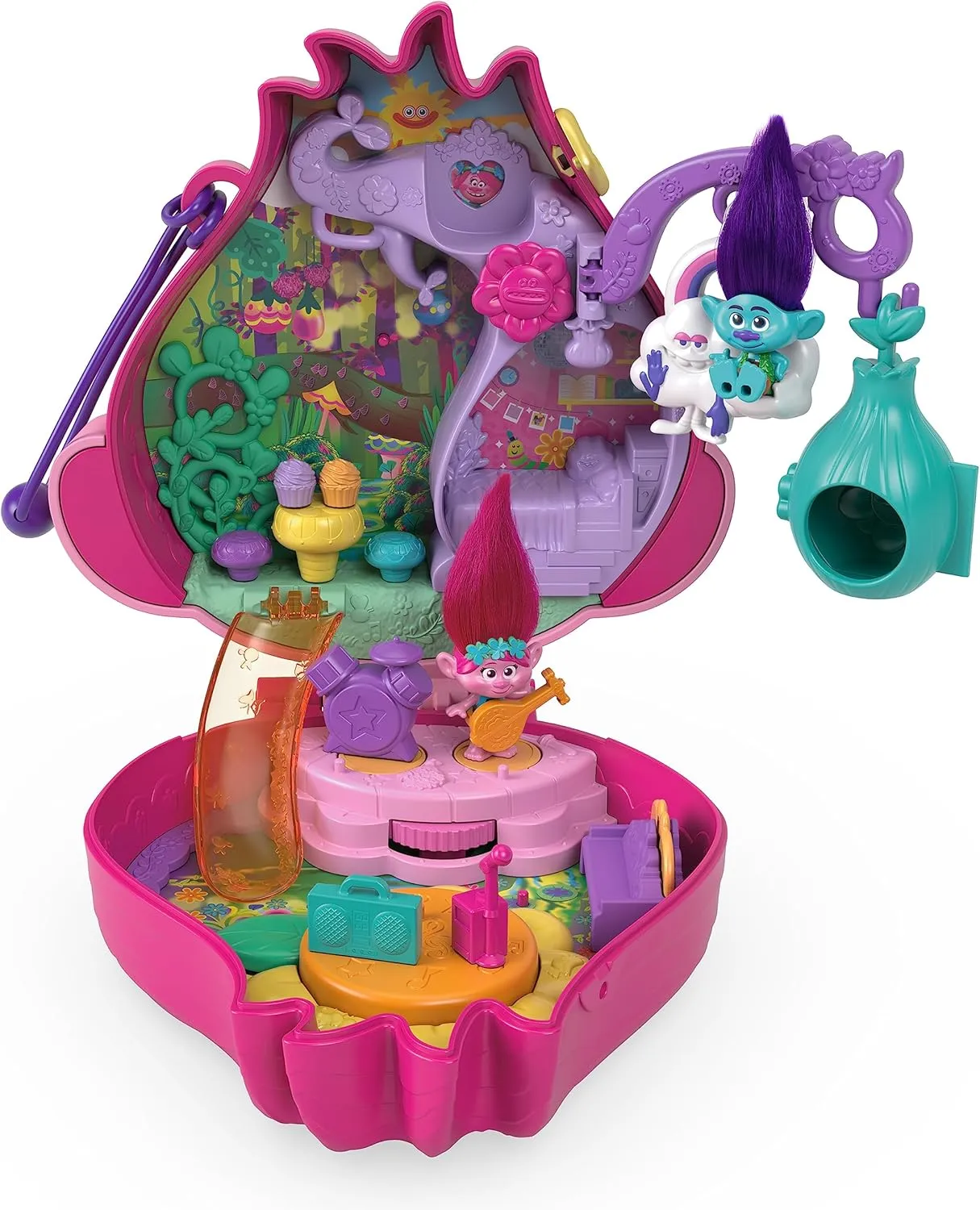 Polly Pocket Trolls Compact Playset with 2 Micro Dolls &13 Accessories, Poppy Exterior with Soft Hair, Collectible Toy Includes Poppy & Branch