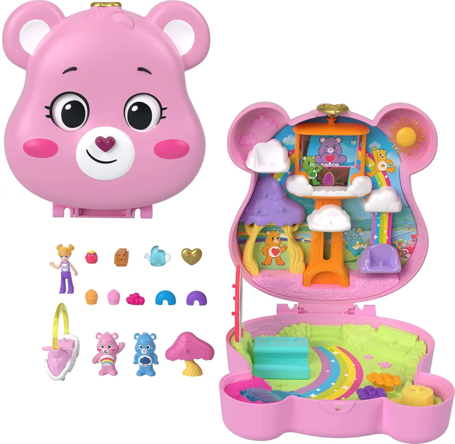 Polly Pocket x Care Bears Dolls & Playset with Toy Car and Themed Accessories, Travel Toy, Partnership Compact