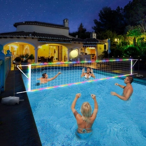 Pool Volleyball Net Set with LED Lights, 15-32FT Adjustable Net for Inground Pools, Includes Solar Powered Lights, Glow Ball and Weighted Bases, Outdoor Water Volleyball Games for Kids Adults Family