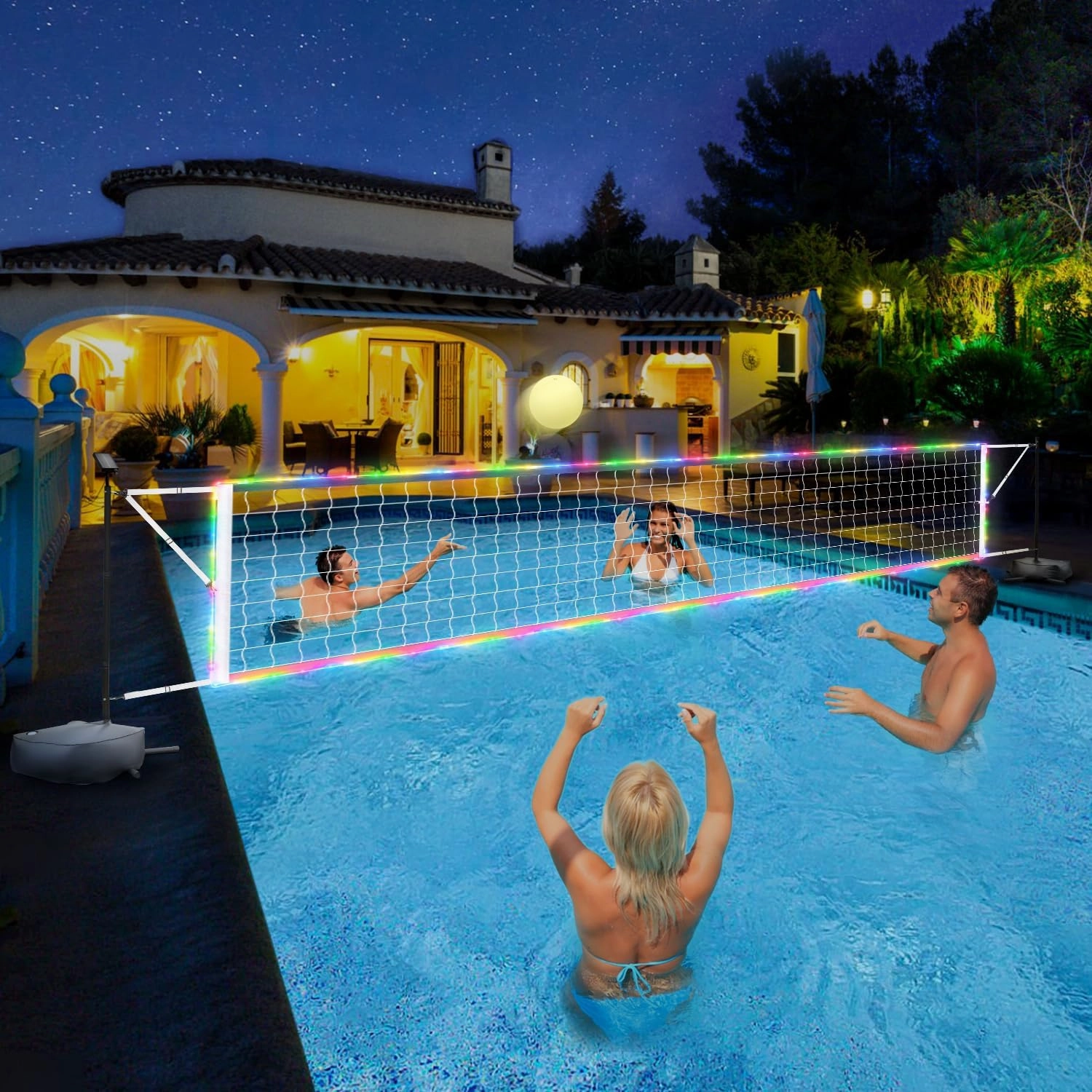 Pool Volleyball Net Set with LED Lights, 15-32FT Adjustable Net for Inground Pools, Includes Solar Powered Lights, Glow Ball and Weighted Bases, Outdoor Water Volleyball Games for Kids Adults Family