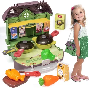 Portable Kitchen Toy Set, Kids Pretend Cooking Playset,Compact Pretend Toys with Pots, Utensils & Play Food, Travel Toy Gifts for 3  Year Old Boys & Girls(Kitchen)