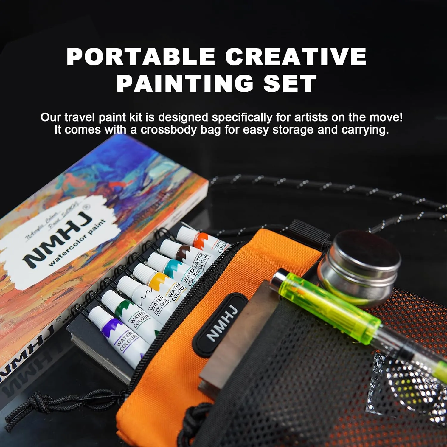 Portable Travel Watercolor Set, Mini Watercolor Paint Set, Walnut Wood Palette, 250G Sketchbook, Brushes, Stainless Steel Water Reservoir, Water Brush, Compact Kit for Artists and Students,Upgraded