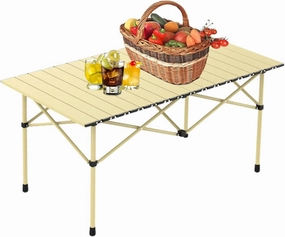 Portable Camping Side Table, Lightweight Aluminum Folding Table with Carry Bag, Ideal for Picnic, BBQ, Cooking, and Outdoor Activities Light Yellow 120×55×50cm/47×21×19.7in