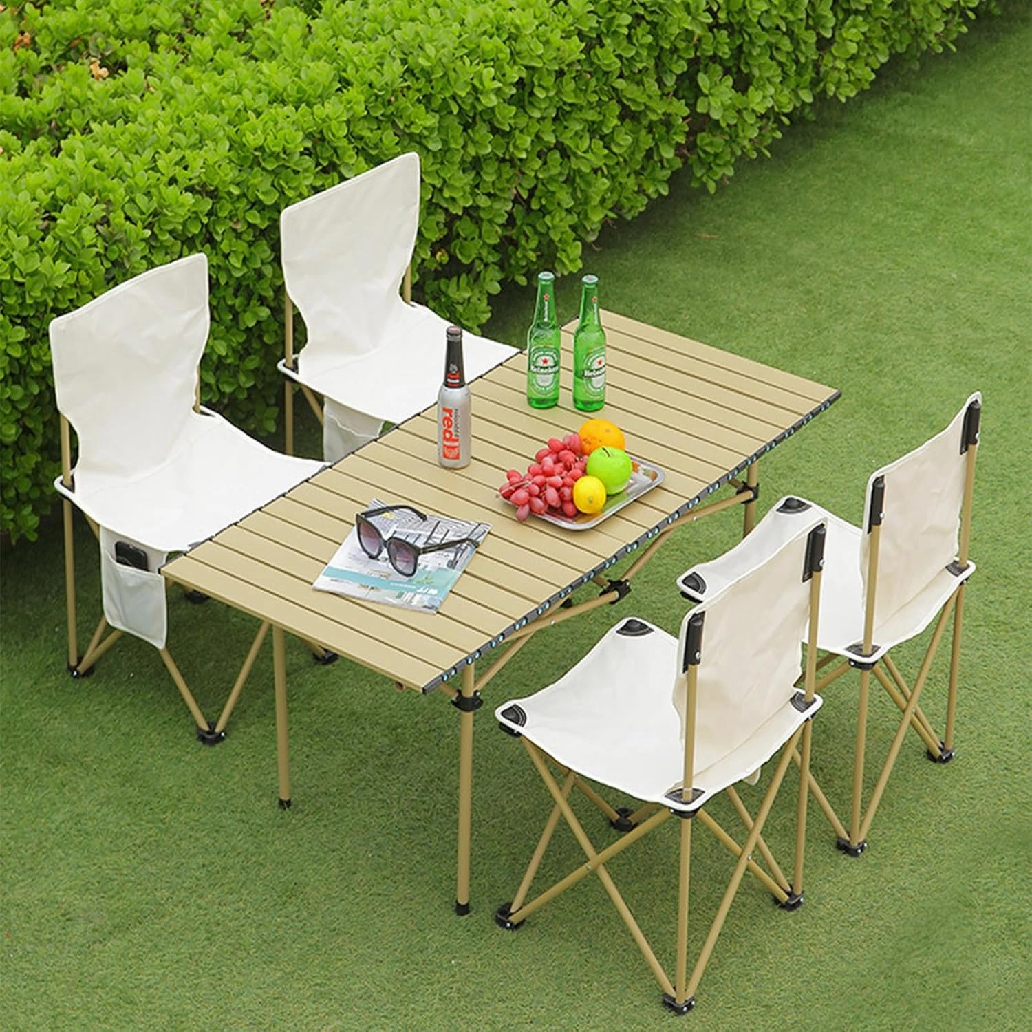Portable Camping Side Table, Lightweight Aluminum Folding Table with Carry Bag, Ideal for Picnic, BBQ, Cooking, and Outdoor Activities Light Yellow 120×55×50cm/47×21×19.7in