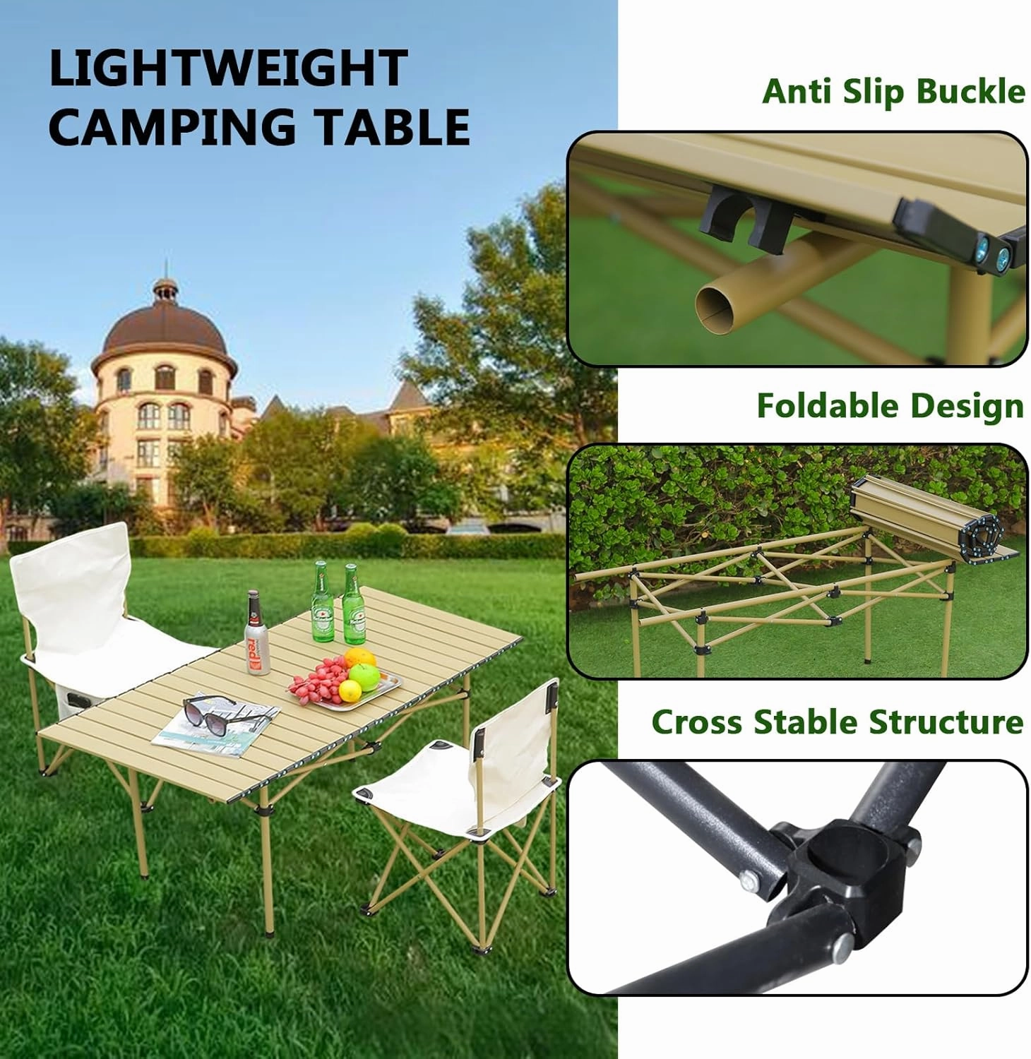 Portable Camping Side Table, Lightweight Aluminum Folding Table with Carry Bag, Ideal for Picnic, BBQ, Cooking, and Outdoor Activities Light Yellow 120×55×50cm/47×21×19.7in