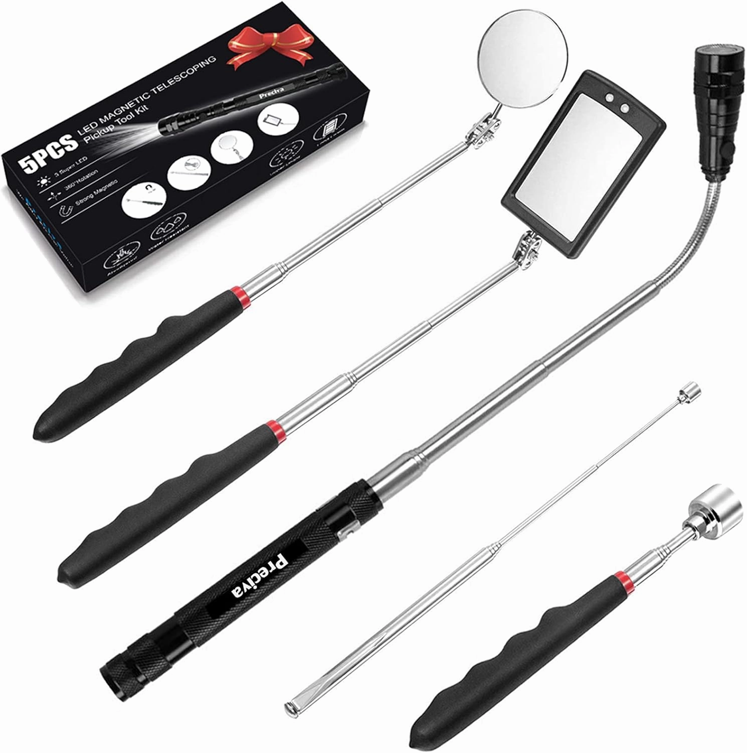 Preciva 5PCS Magnetic Telescoping Pick-up Tool Kit with 15lb &1lb Pick Up Rod, Round & Square 360 Swivel Adjustable Inspection Mirror and Telescoping Flexible LED Flashlight (Batteries Included)