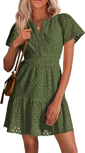 PRETTYGARDEN 2025 Women Summer Short Dress V Neck Short Sleeve A Line Hollow Out Lace Ruffle Cute Casual Beach Party Dresses