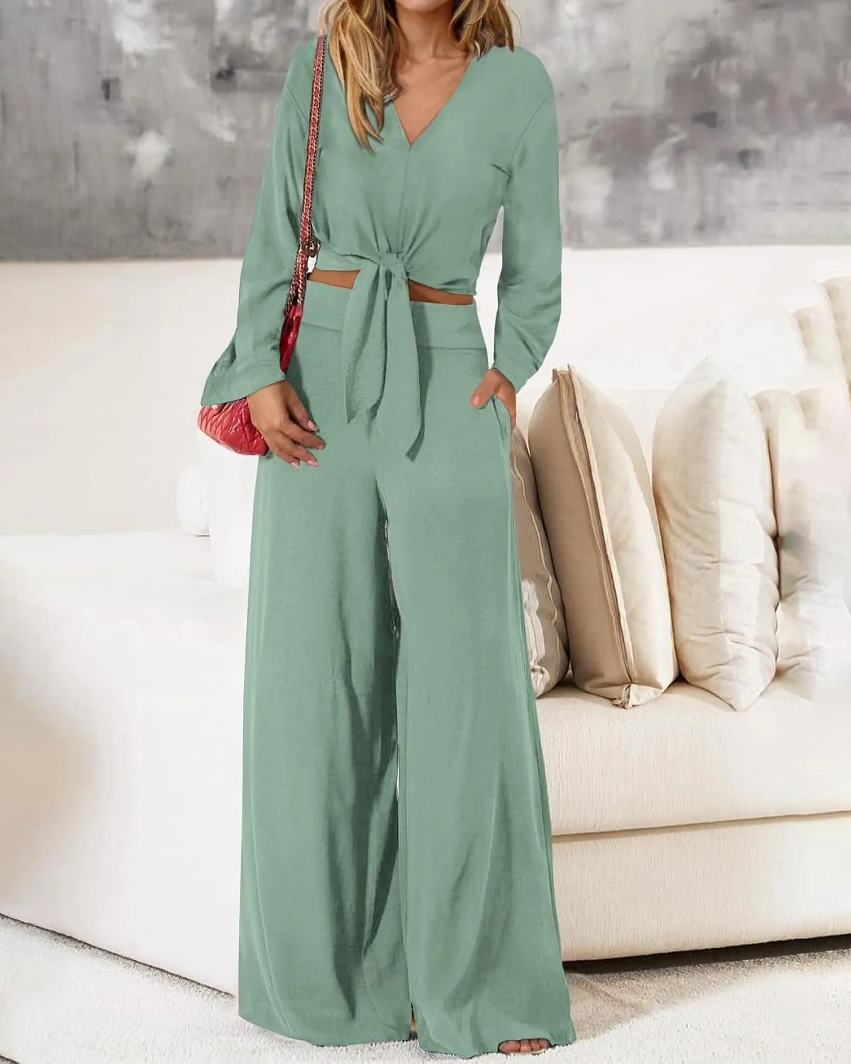 PRETTYGARDEN Women's 2 Piece Outfits 2025 Spring Casual V Neck Long Sleeve Strappy Crop Top Wide Leg Palazzo Pant Sets
