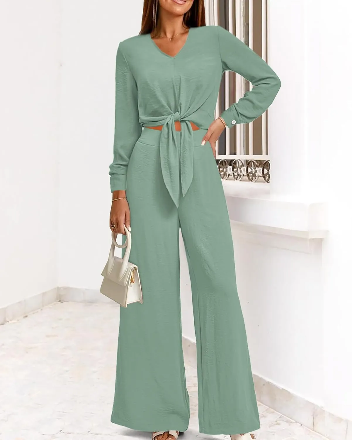 PRETTYGARDEN Women's 2 Piece Outfits 2025 Spring Casual V Neck Long Sleeve Strappy Crop Top Wide Leg Palazzo Pant Sets