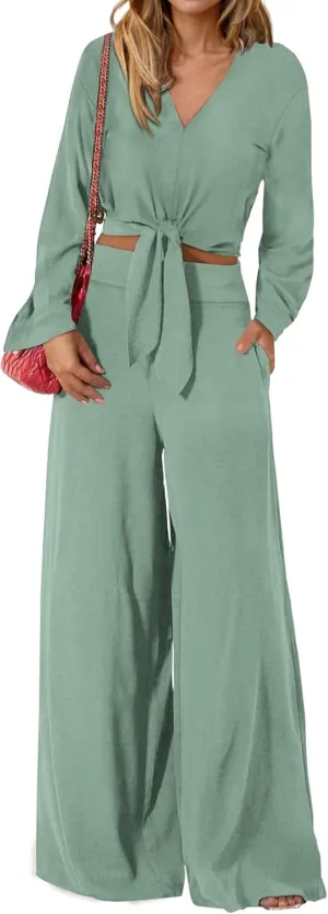PRETTYGARDEN Women's 2 Piece Outfits 2025 Spring Casual V Neck Long Sleeve Strappy Crop Top Wide Leg Palazzo Pant Sets