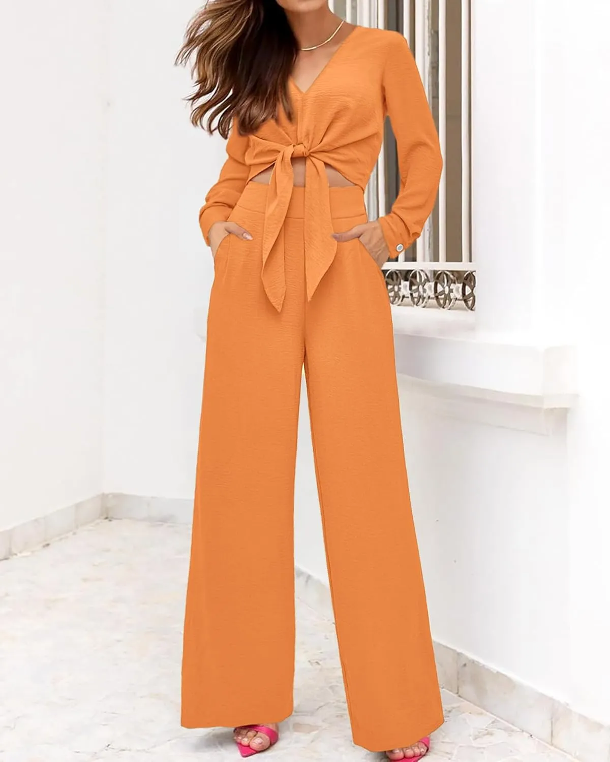 PRETTYGARDEN Women's 2 Piece Outfits 2025 Spring Casual V Neck Long Sleeve Strappy Crop Top Wide Leg Palazzo Pant Sets