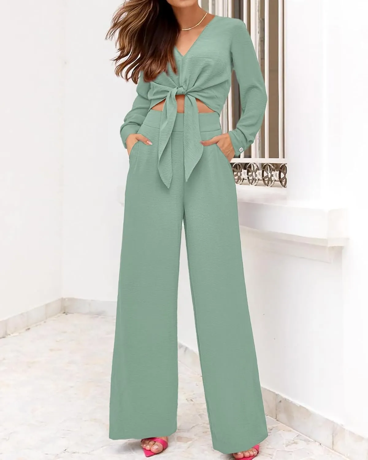 PRETTYGARDEN Women's 2 Piece Outfits 2025 Spring Casual V Neck Long Sleeve Strappy Crop Top Wide Leg Palazzo Pant Sets