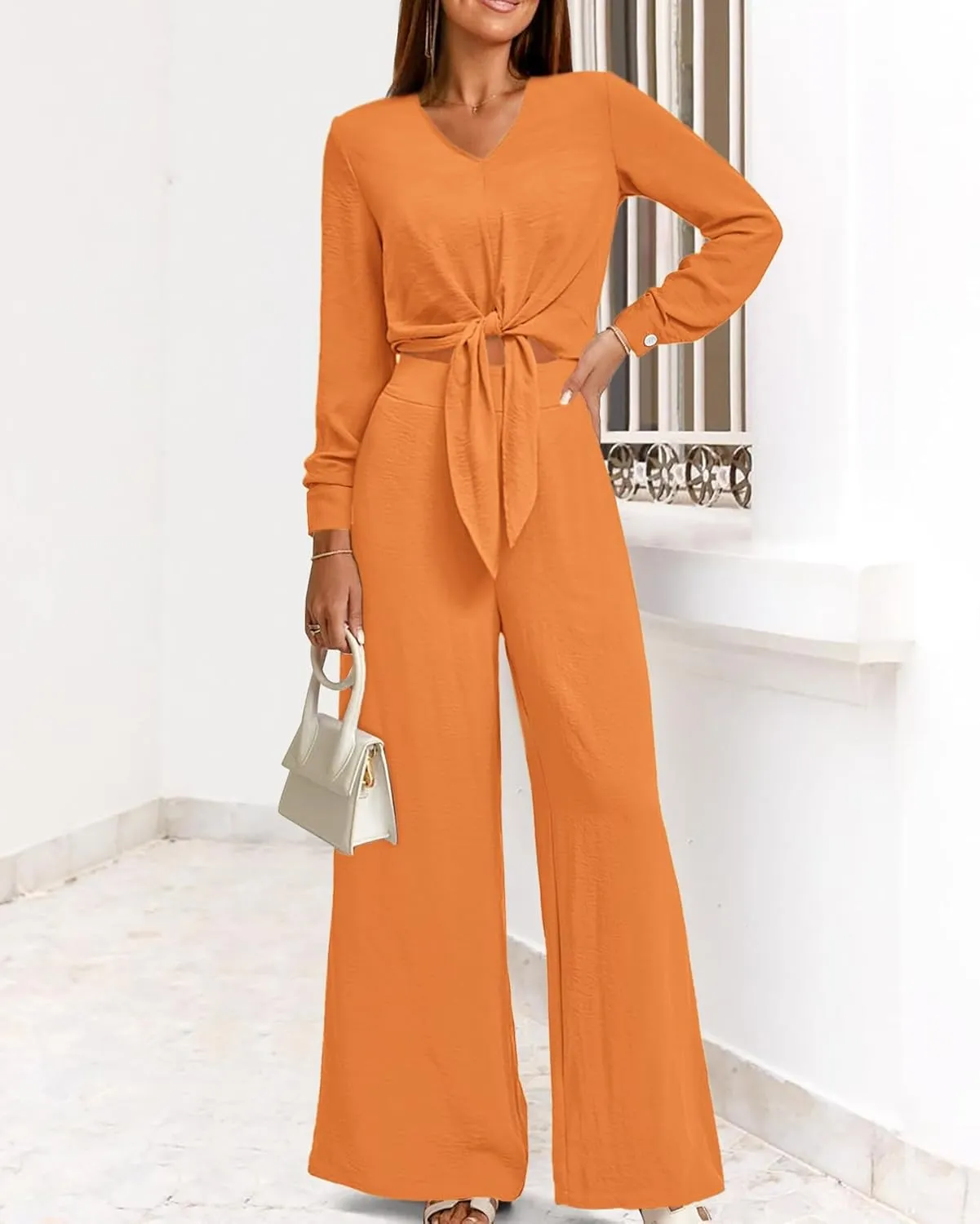 PRETTYGARDEN Women's 2 Piece Outfits 2025 Spring Casual V Neck Long Sleeve Strappy Crop Top Wide Leg Palazzo Pant Sets