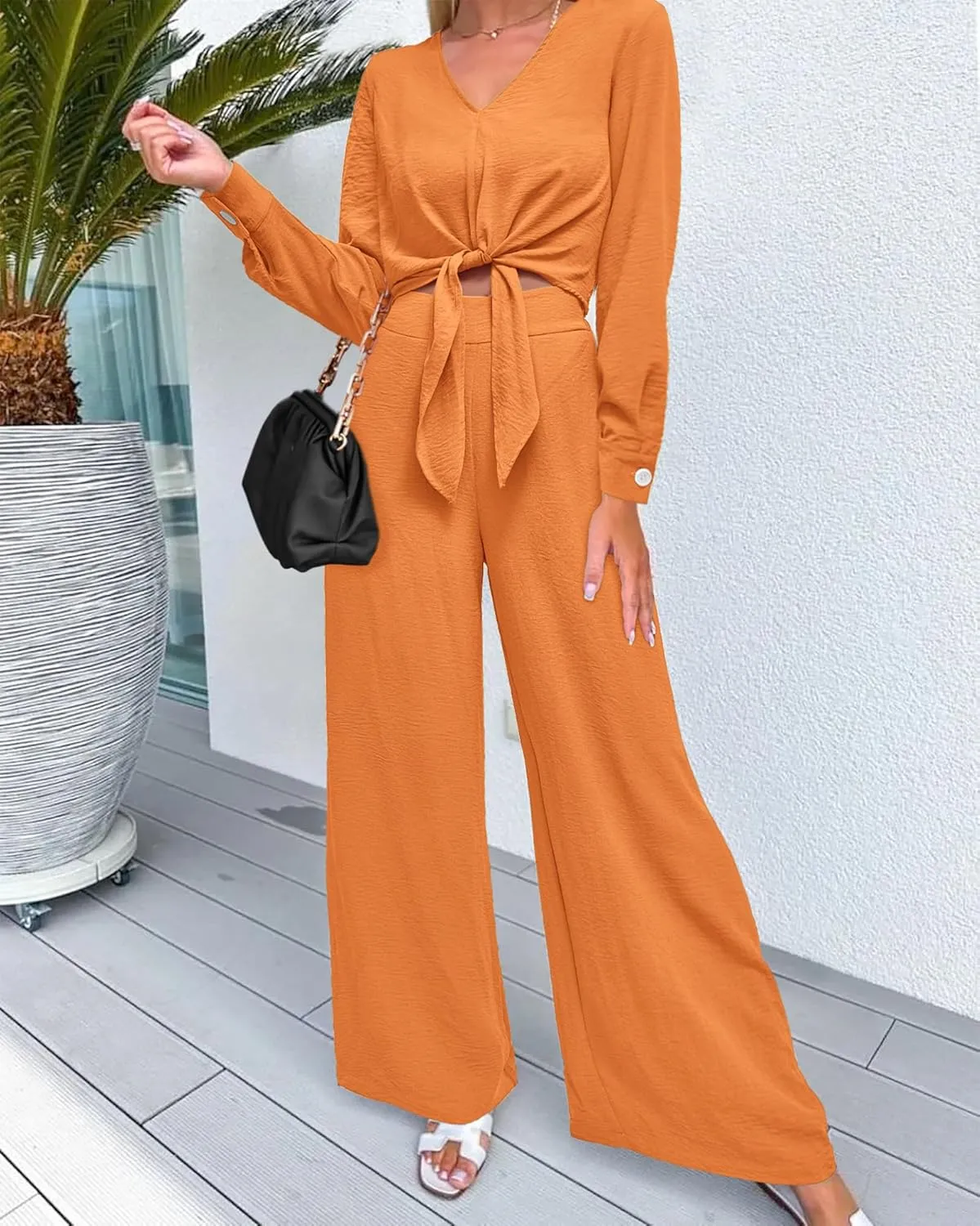 PRETTYGARDEN Women's 2 Piece Outfits 2025 Spring Casual V Neck Long Sleeve Strappy Crop Top Wide Leg Palazzo Pant Sets