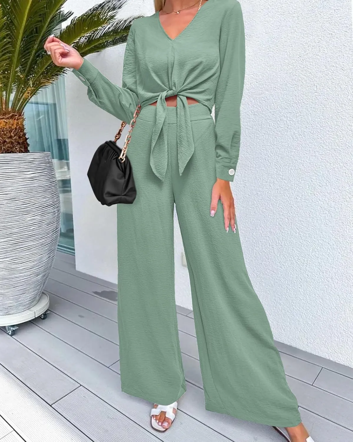 PRETTYGARDEN Women's 2 Piece Outfits 2025 Spring Casual V Neck Long Sleeve Strappy Crop Top Wide Leg Palazzo Pant Sets