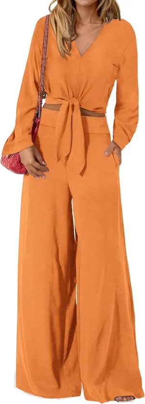 PRETTYGARDEN Women's 2 Piece Outfits 2025 Spring Casual V Neck Long Sleeve Strappy Crop Top Wide Leg Palazzo Pant Sets