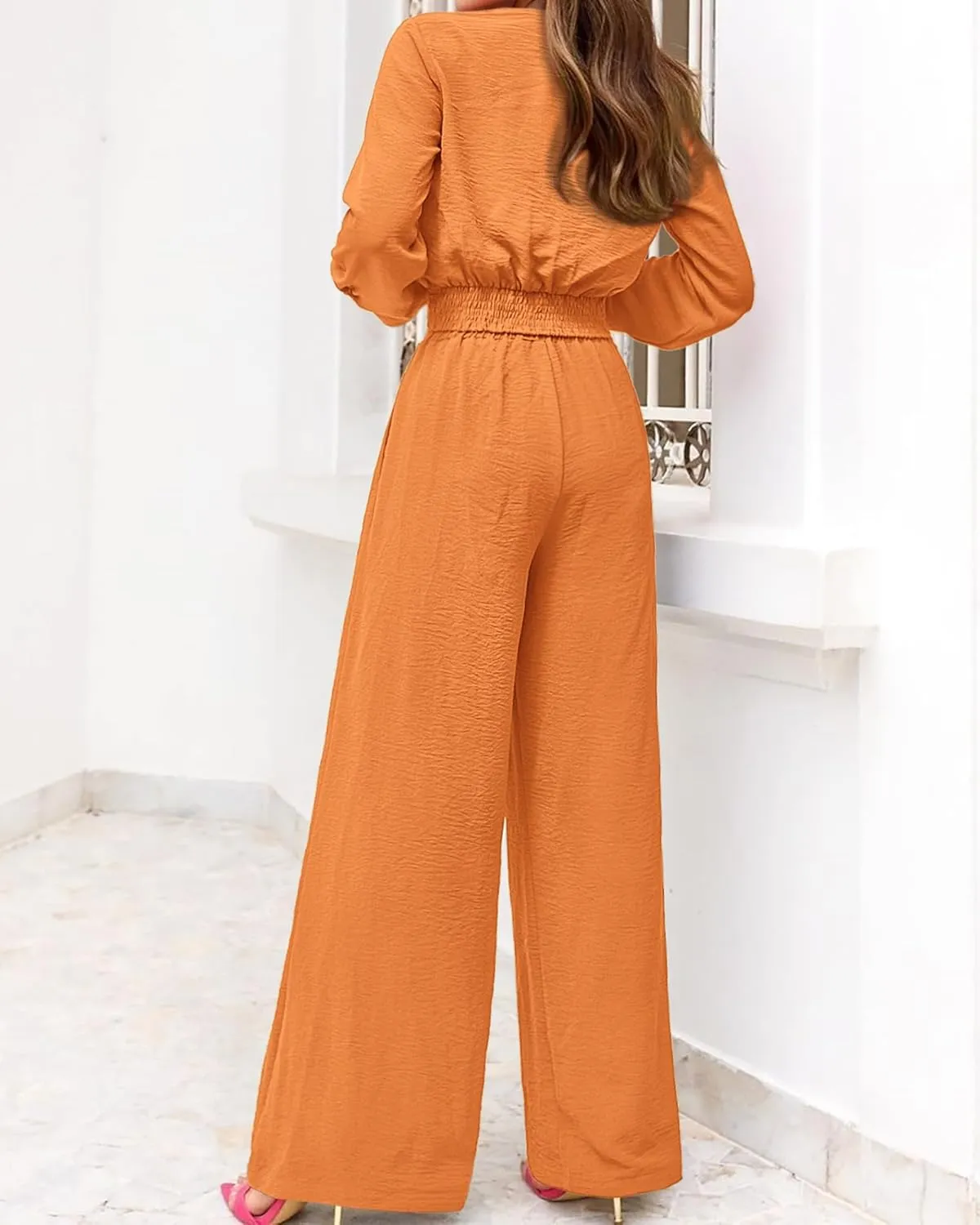 PRETTYGARDEN Women's 2 Piece Outfits 2025 Spring Casual V Neck Long Sleeve Strappy Crop Top Wide Leg Palazzo Pant Sets