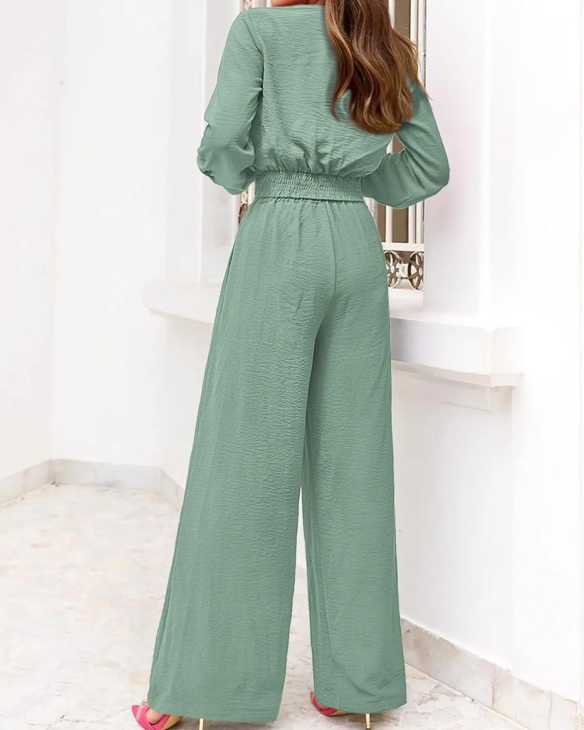 PRETTYGARDEN Women's 2 Piece Outfits 2025 Spring Casual V Neck Long Sleeve Strappy Crop Top Wide Leg Palazzo Pant Sets