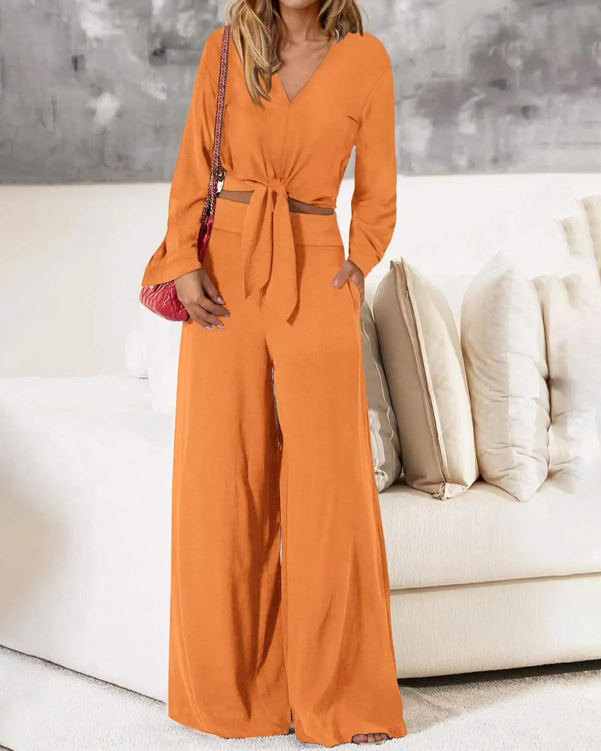 PRETTYGARDEN Women's 2 Piece Outfits 2025 Spring Casual V Neck Long Sleeve Strappy Crop Top Wide Leg Palazzo Pant Sets