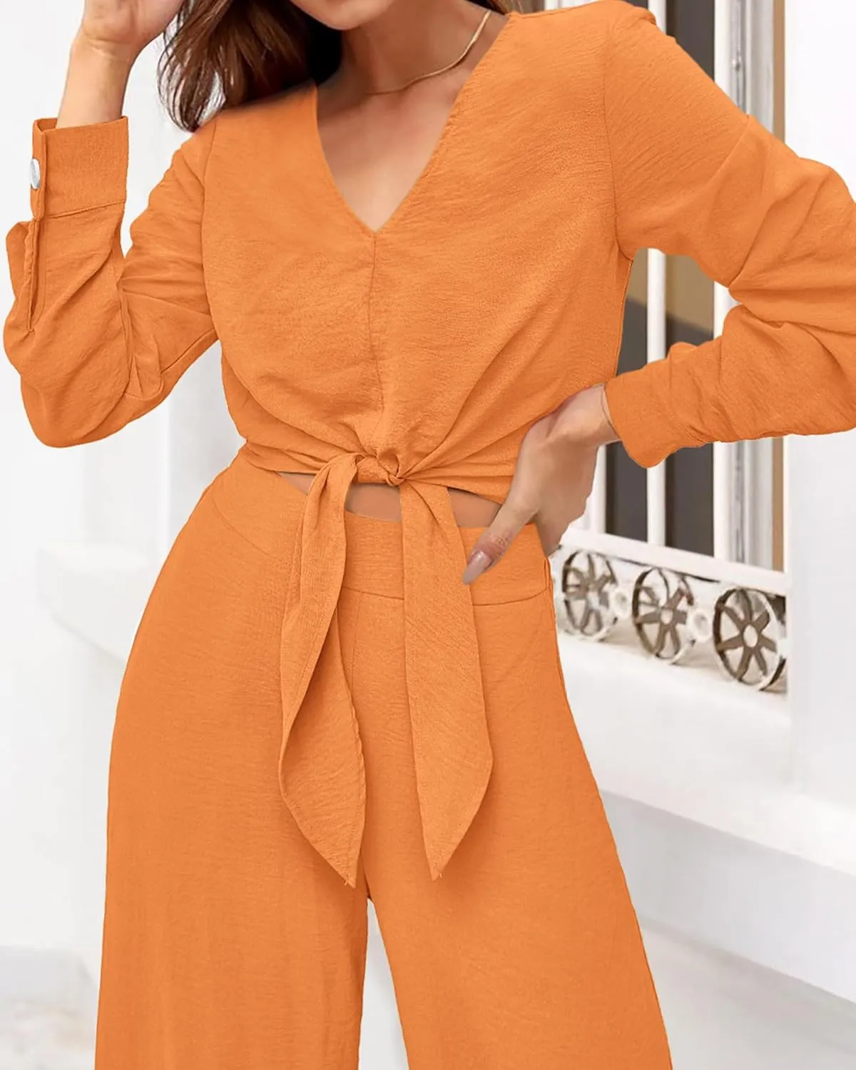 PRETTYGARDEN Women's 2 Piece Outfits 2025 Spring Casual V Neck Long Sleeve Strappy Crop Top Wide Leg Palazzo Pant Sets