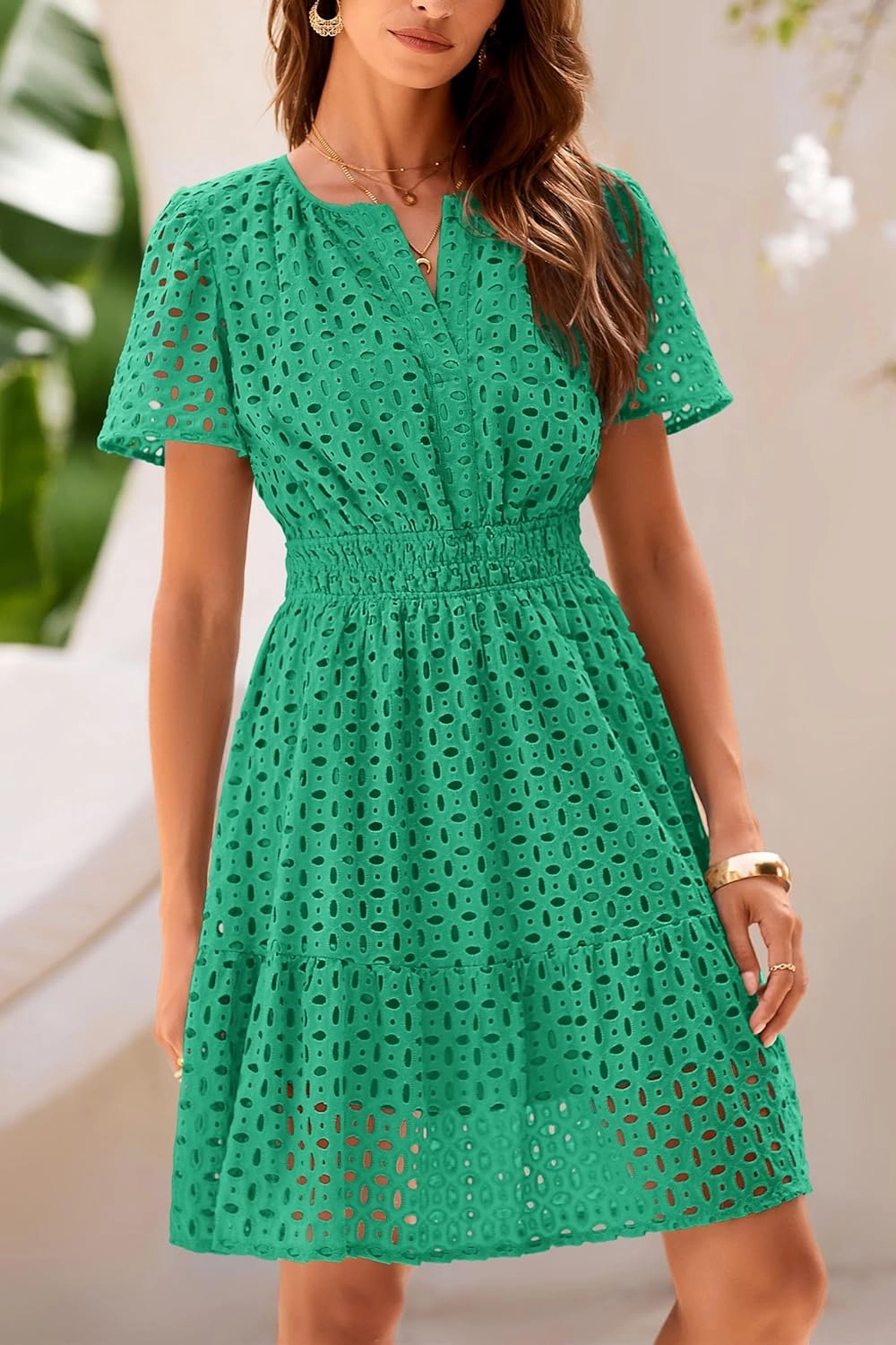 PRETTYGARDEN 2025 Women Summer Short Dress V Neck Short Sleeve A Line Hollow Out Lace Ruffle Cute Casual Beach Party Dresses