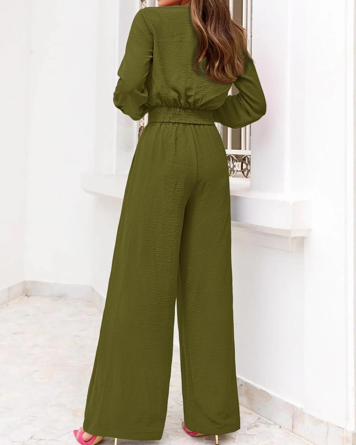 PRETTYGARDEN Women's 2 Piece Outfits 2025 Spring Casual V Neck Long Sleeve Strappy Crop Top Wide Leg Palazzo Pant Sets