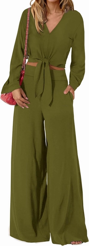 PRETTYGARDEN Women's 2 Piece Outfits 2025 Spring Casual V Neck Long Sleeve Strappy Crop Top Wide Leg Palazzo Pant Sets