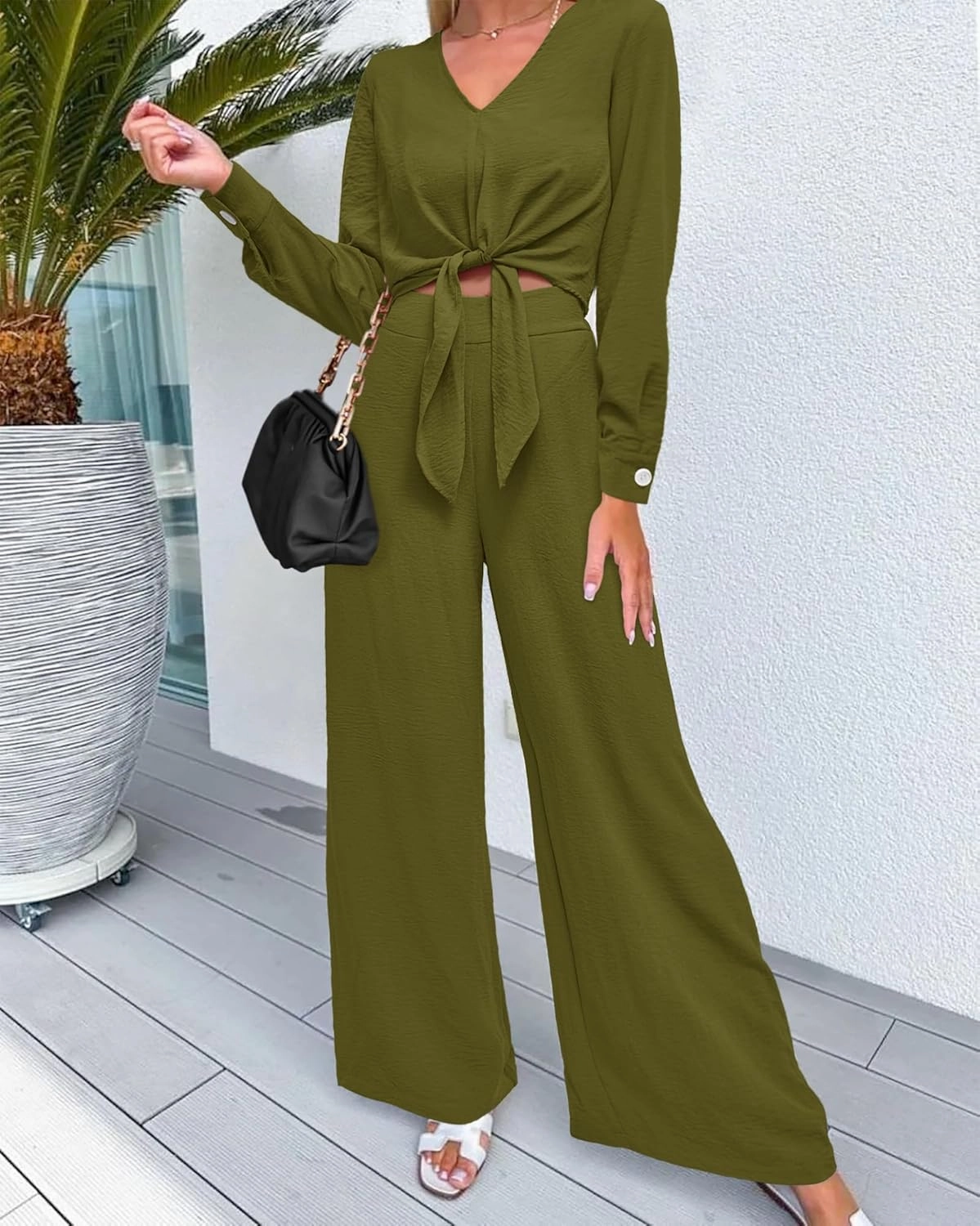 PRETTYGARDEN Women's 2 Piece Outfits 2025 Spring Casual V Neck Long Sleeve Strappy Crop Top Wide Leg Palazzo Pant Sets