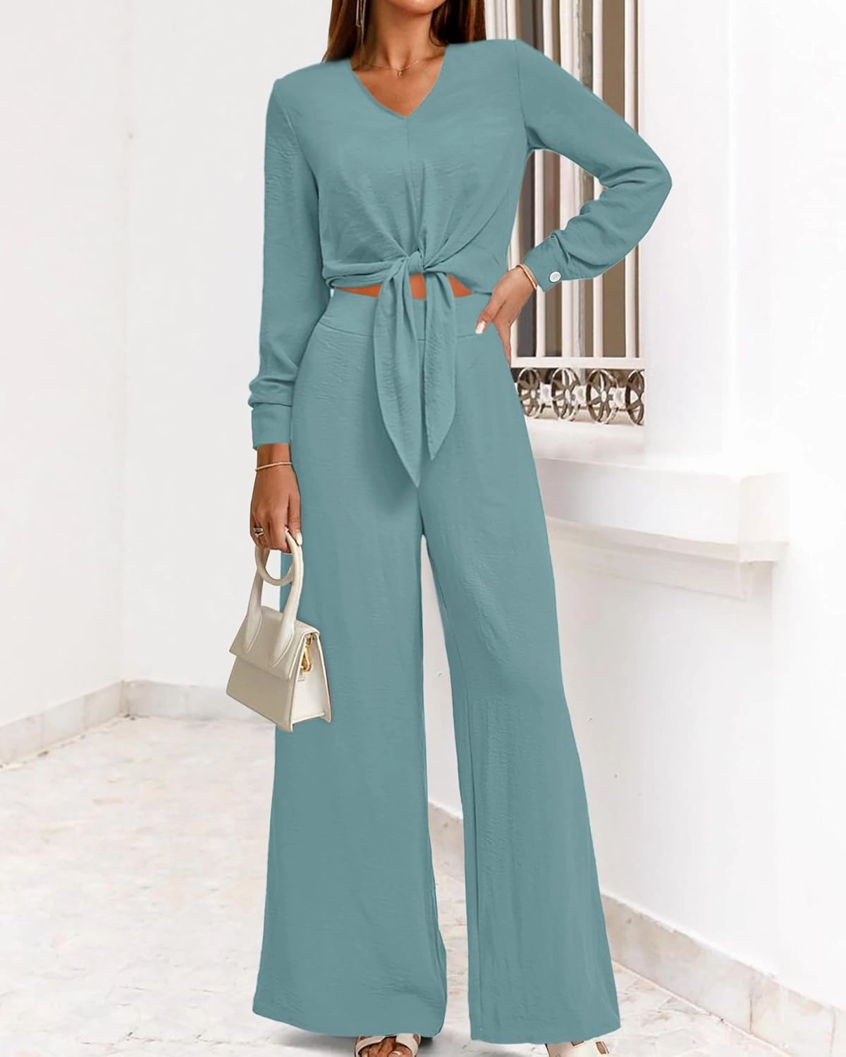 PRETTYGARDEN Women's 2 Piece Outfits 2025 Spring Casual V Neck Long Sleeve Strappy Crop Top Wide Leg Palazzo Pant Sets