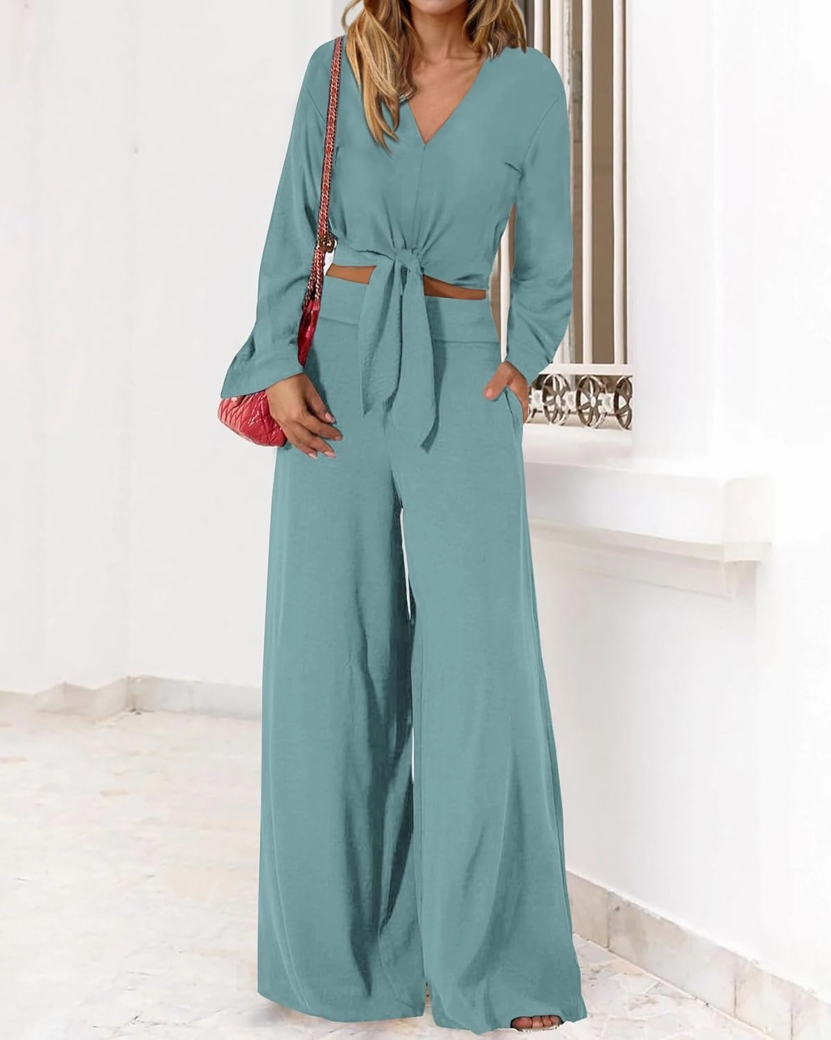 PRETTYGARDEN Women's 2 Piece Outfits 2025 Spring Casual V Neck Long Sleeve Strappy Crop Top Wide Leg Palazzo Pant Sets