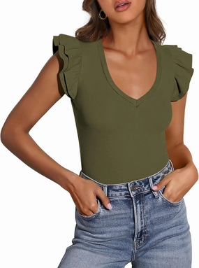 PRETTYGARDEN Womens V Neck Summer Tops Ruffle Sleeveless Slim Fit T Shirts Going Out Casual Blouses 2025