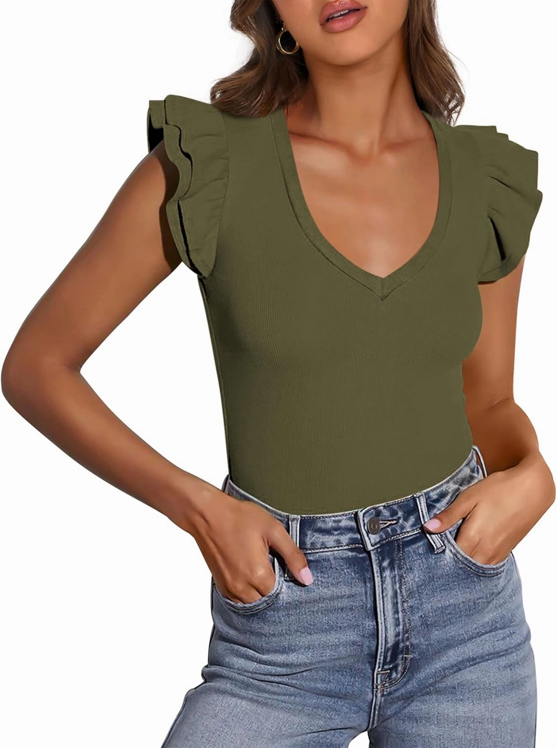 PRETTYGARDEN Womens V Neck Summer Tops Ruffle Sleeveless Slim Fit T Shirts Going Out Casual Blouses 2025