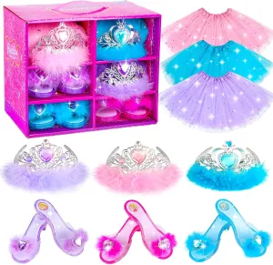 Princess Dress Up Shoes , Dress Up Clothes Pretend Play Costumes-3 Sets of Princess Shoes, Dresses and Crowns, Princess Accessory Toys for 3-6 yr Girl Birthday Gifts