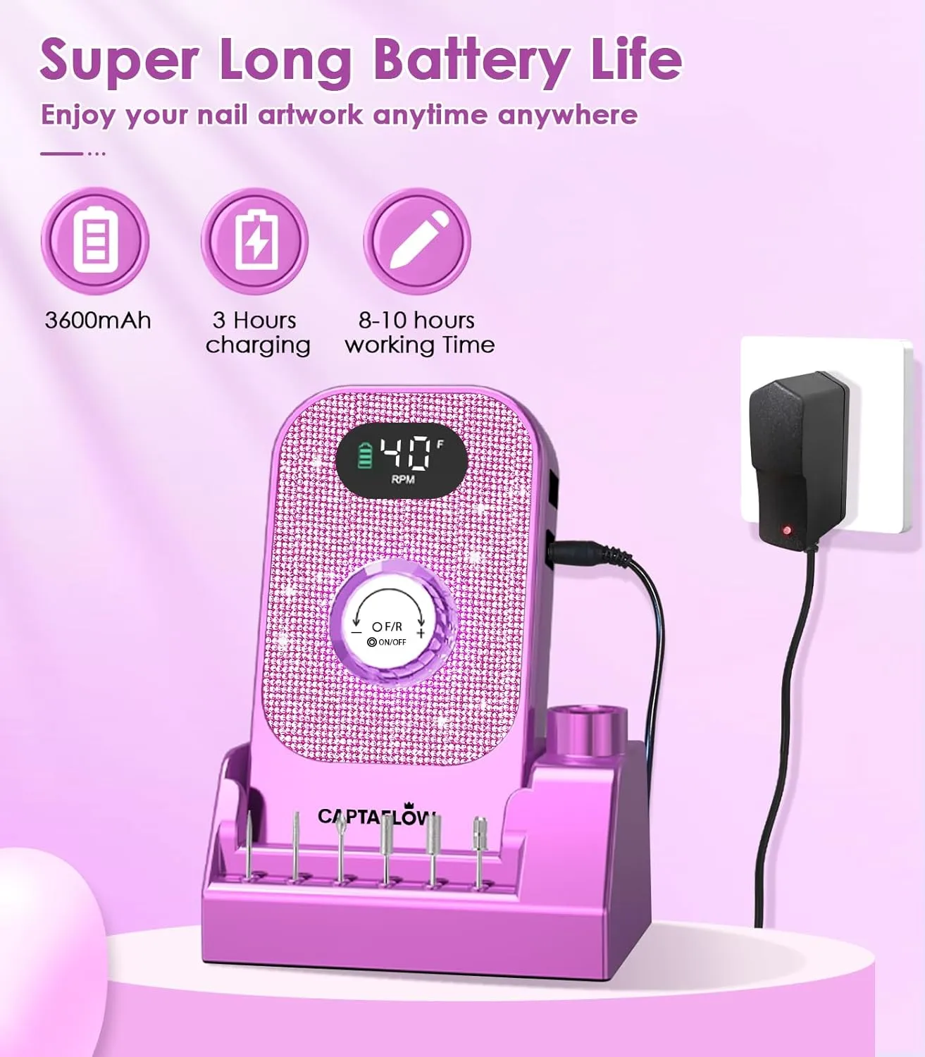 Professional Nail Drill Electric File: 40000RPM Portable Nail Drill, Pink Diamond Rechargeable Nail E File Machine with Bits & Base for Remover Gel Polish Acrylic Nails Manicure Salon Home, Purple