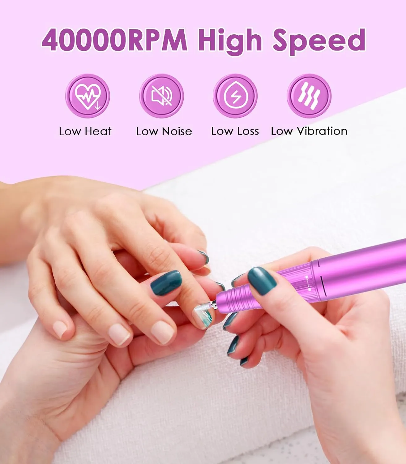 Professional Nail Drill Electric File: 40000RPM Portable Nail Drill, Pink Diamond Rechargeable Nail E File Machine with Bits & Base for Remover Gel Polish Acrylic Nails Manicure Salon Home, Purple