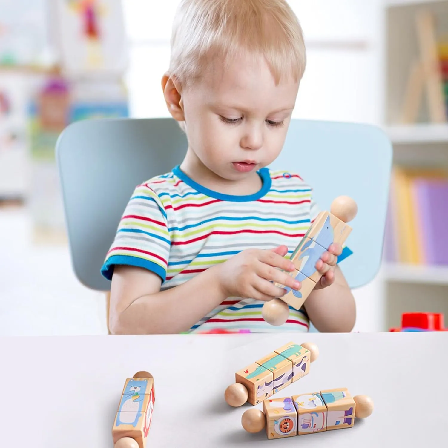 Promise Babe Wooden Animal Puzzle Toy for Toddlers 1-3, Rotating Spin Twist Blocks Set of 2, Learning Educational Montessori Toy Gifts for Kids Boys Girls, Whale and Fox