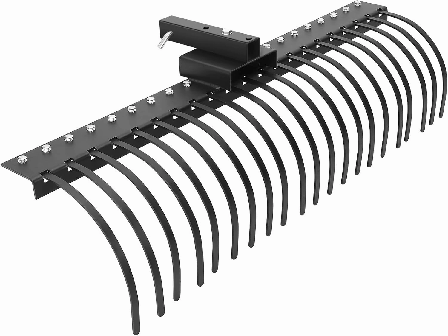 PULLAFUN 60 Inch Landscape Rock Rake,3 Point Attach Rake Fit for 2 Inch Receiver with 360 Degree Rotation,Tow-Behind Garden Tool for Compact Tractors, Category 1, Black