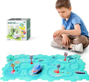Puzzle Racer Kids Car Track Set, Plastic Floor Puzzles for Kids Ages 3-5 with Vehicles, Electric Trolley Puzzle, Toys Gifts for 2 3 4 5 6 Year Old Boys Girls, Montessori Car Toys